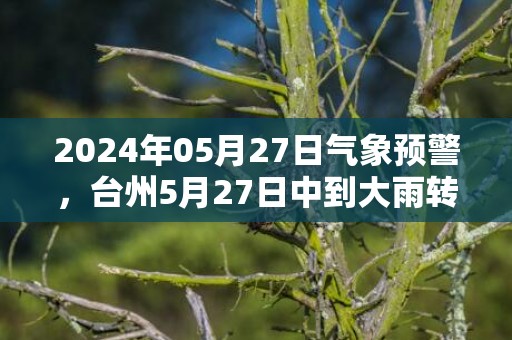 2024年05月27日气象预警，台州5月27日中到大雨转小到中雨最高温度30℃